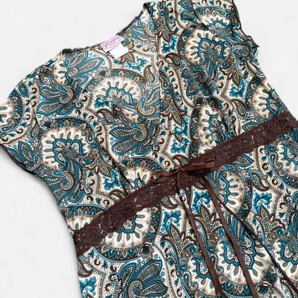 VTG Y2K Julie's Closet Dark Brown & Blue Paisley V Neck Layered Fairy Top S - Picture 6 of 7